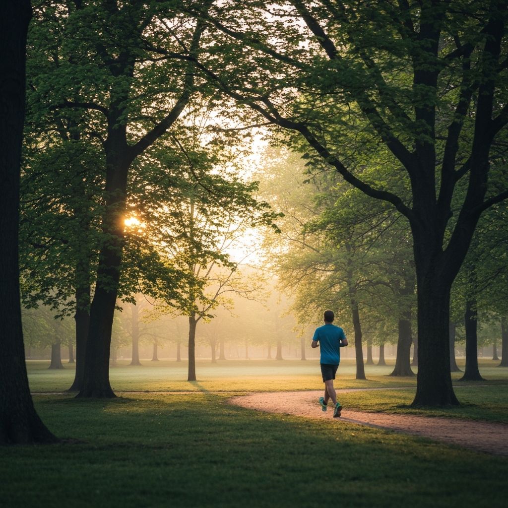 Čovek koji trči u parku during svečanog jutarnjeg vremena, fokus na kretanju i vitalnosti