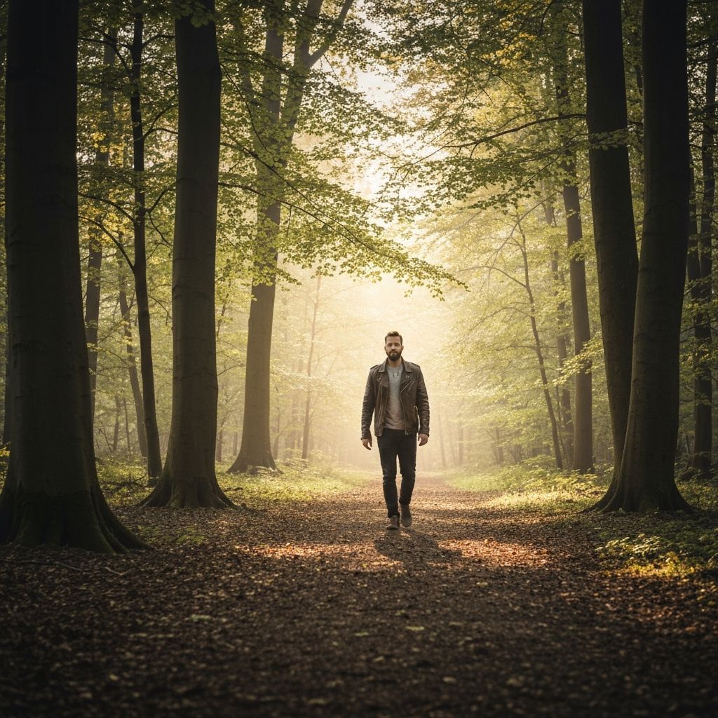 Mirna prirodna scena: čovek koji hoda kroz šumu pri izlasku ili zalasku sunca sa zlatnom svetlošću