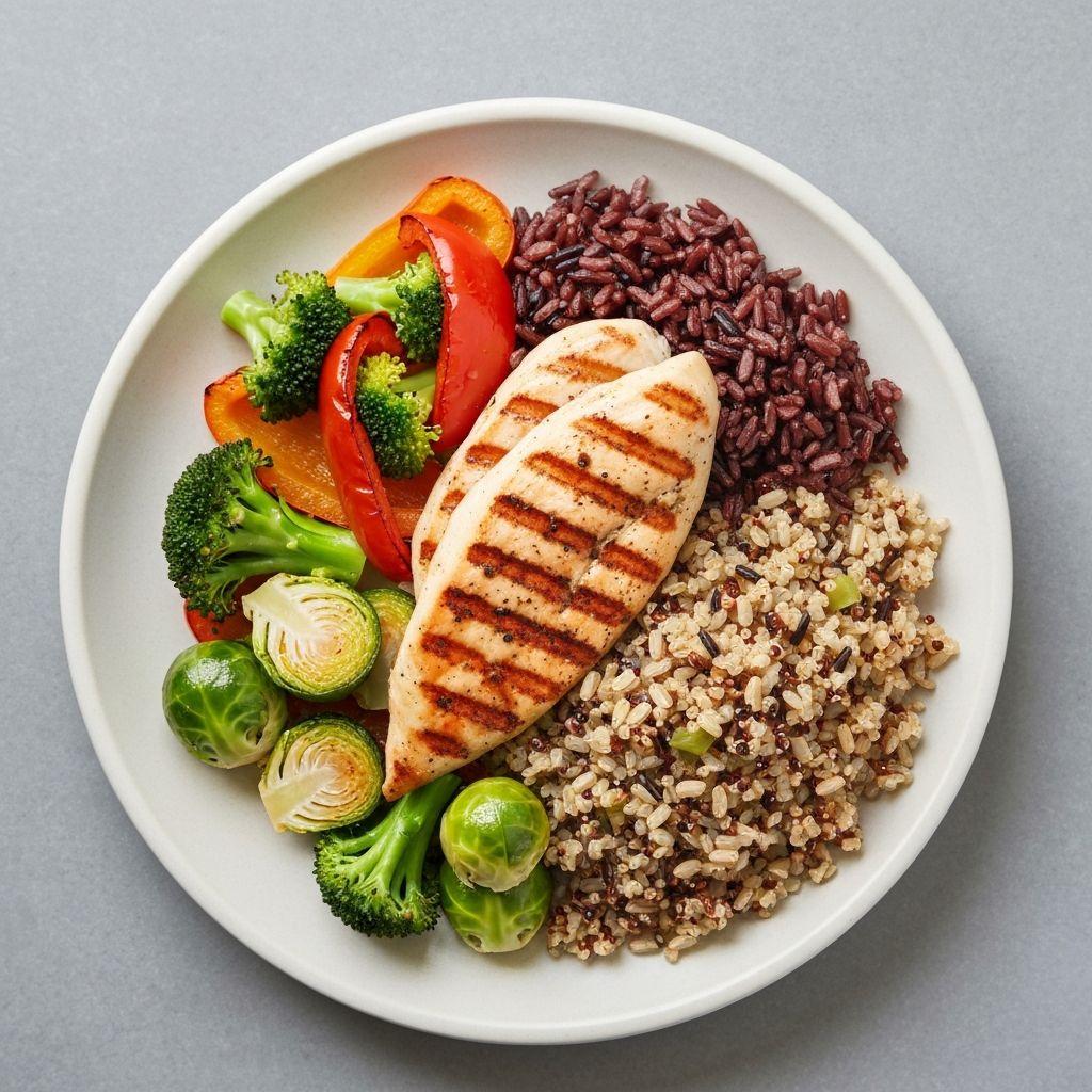 Zdrava pripremljena jela na tanjiru: balansirana komozicija žitarica, povrća i bogatih proteinima sastojaka