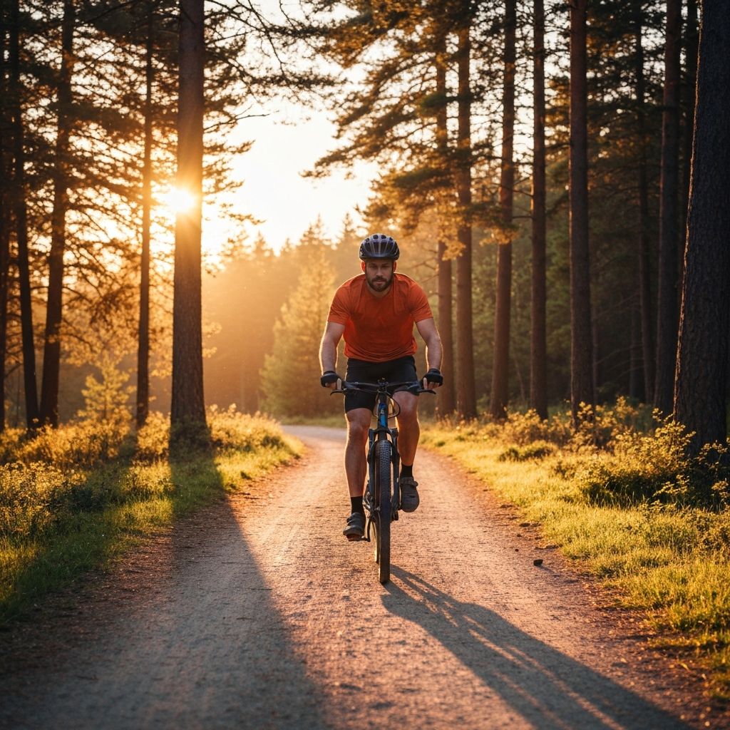 Vozač bicikla na sceničnoj spoljnoj stazi tokom zlatnog sata sa toplinskim kinematografskim osvjetljenjem