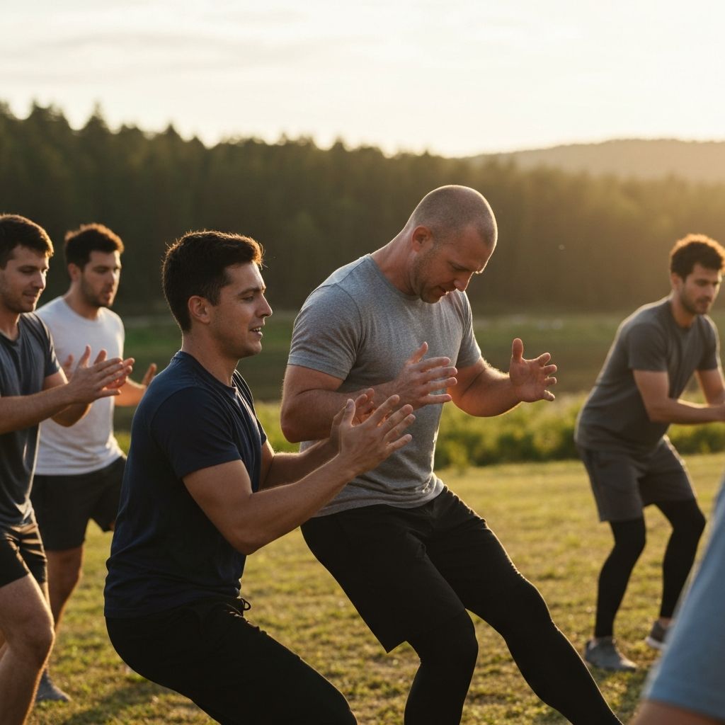 Grupa muškaraca angažovanih u zajedničkoj aktivnosti na otvorenom ili grupnoj vežbi u prirodi